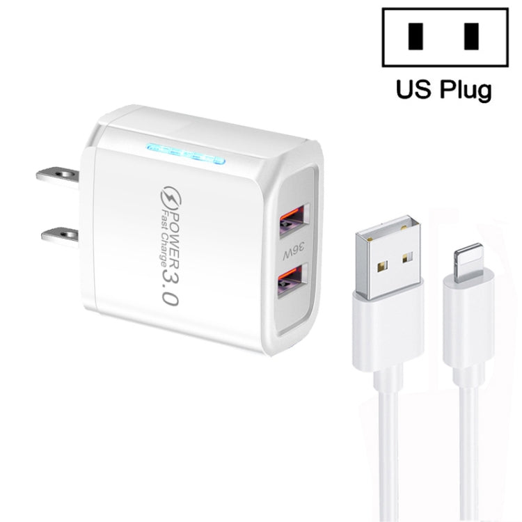 36W Dual Port QC3.0 USB Charger with 3A USB to 8 Pin Data Cable, US Plug, US Plug + USB to 8 Pin Cable